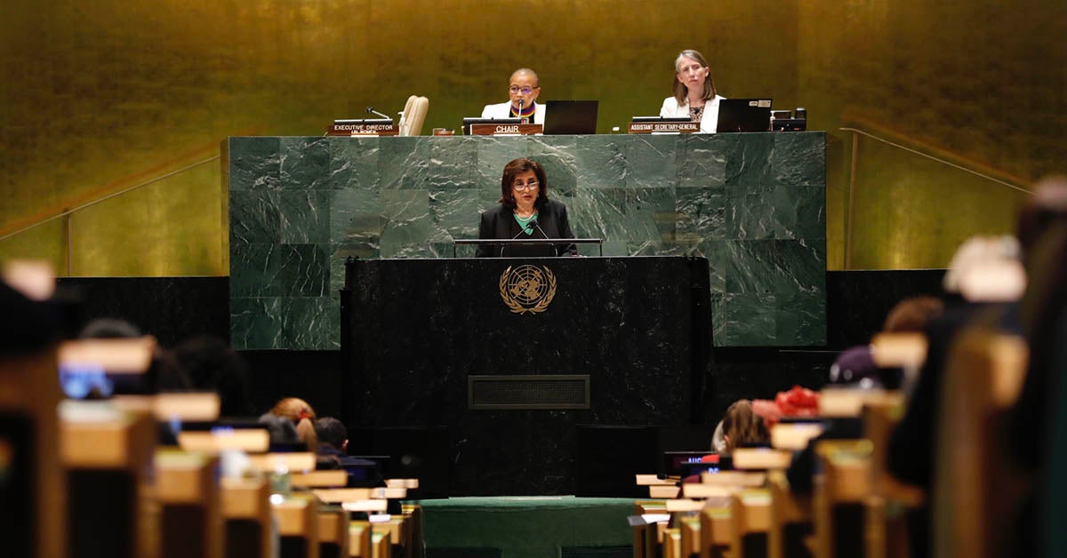 UN Women Executive Director Sima Bahous addresses the opening of the 66th Session on the Commission on the Status of Women in New York. Photo: UN Women/Ryan Brown