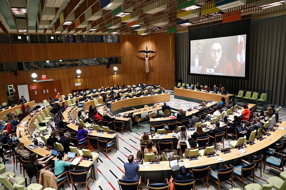 UN Under Secretary-General for Political and Peacebuilding Affairs, Rosemary DiCarlo addresses the CSW66 side event on the upcoming renewal of the UNAMA mandate. Photo: UN Women/Ryan Brown.