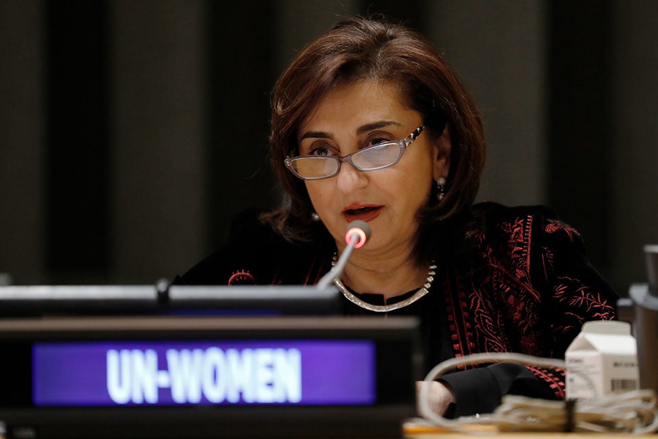 UN Women Executive Director Sima Bahous speaks at the CSW66 side event on upholding women's rights in Afghanistan. Photo:  UN Women/Ryan Brown.