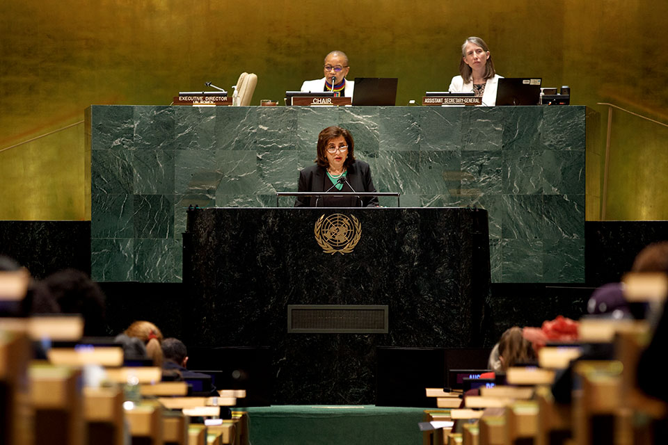 UN Women Executive Director Sima Bahous addresses the 66th session of the Commission of the Status of Women on 14 March, in New York. Photo: UN Women/Ryan Brown.