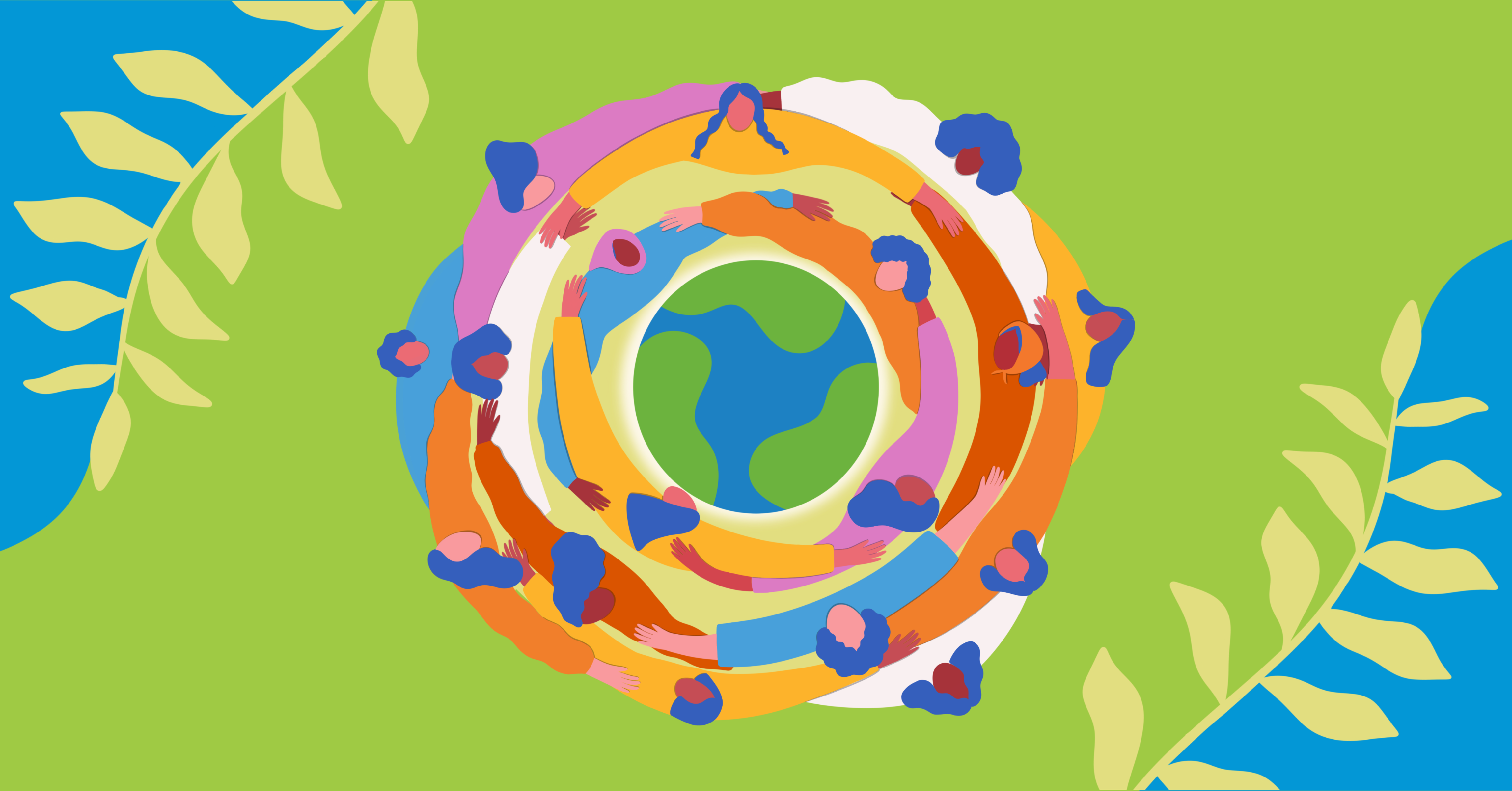 An illustration showing the earth surrounded by unified women. 