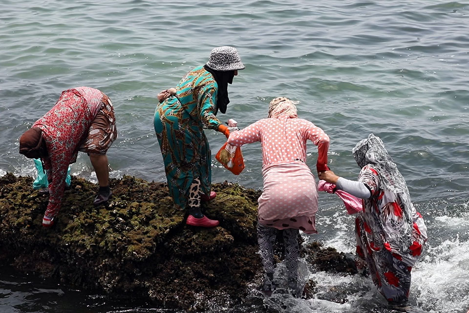 Every day, the fisherwomen spend hours in the seawater and move over rocks and sharp injuries. Photo: UN Women/Mediating