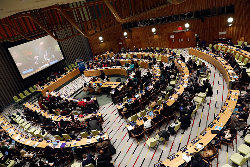 Global leaders come together to discuss the elimination of violence against women in politics on 15 March at UN Headquarters in New York. Photo: UN Women/Ryan Brown