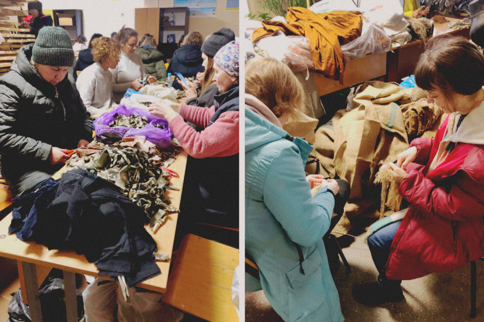 Local and internally displaced women and girls volunteer knitting the camouflage nets for the army and collecting humanitarian aid at the Chernivtsi Polytechnic College, Chernivtsi, Western Ukraine.