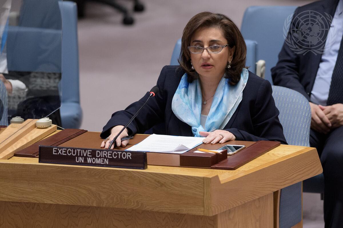 Sima Bahous, Executive Director of UN Women, briefs the Security Council meeting on maintenance of peace and security of Ukraine. Photo: UN Photo/Manuel Elías.