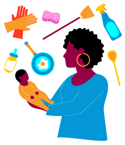 Illustration of woman holding baby surrounded by domestic items. 