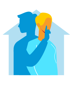 Illustration of man holding hand over woman's mouth inside the outline of a house. 
