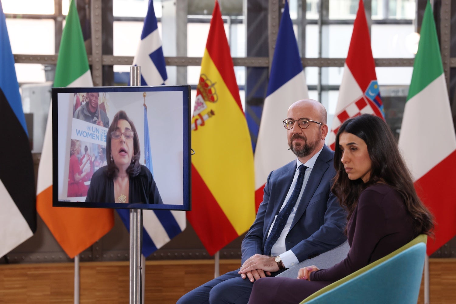 UN Women Director Sima Bahous with European Council President Charles Michel and Nobel Peace Prize laureate Nadia Murad. Photo: European Union