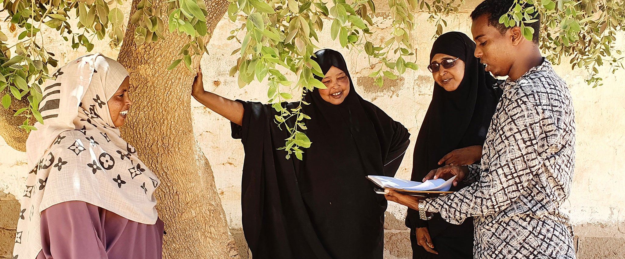 UN Women programme beneficiaries discuss the future of the Village Saving and Loan Associations (VSLAs) in the shade of a tree. Photo: UN Women/Aijamal Duishebaeva