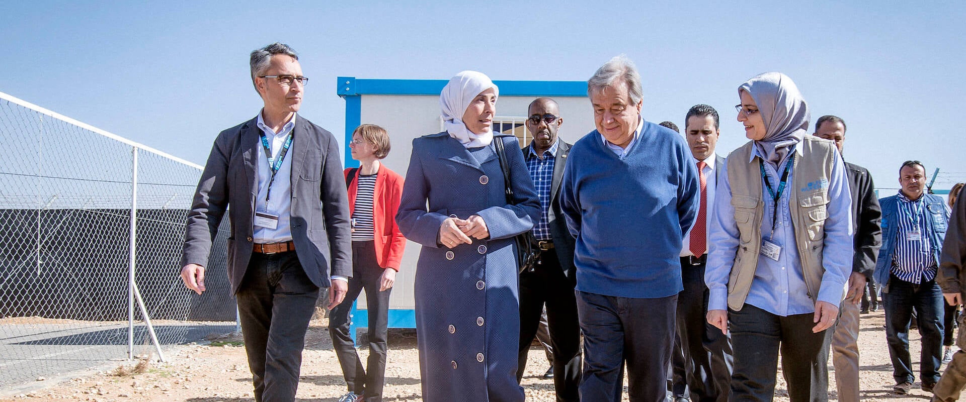 In March 2017, UN Secretary-General António Guterres visits the UN Women center in the Za’atari refugee camp in Jordan to interact with Syrian refugee women and girls residing in Jordan. Photo: UN Women/Benoît Almeras