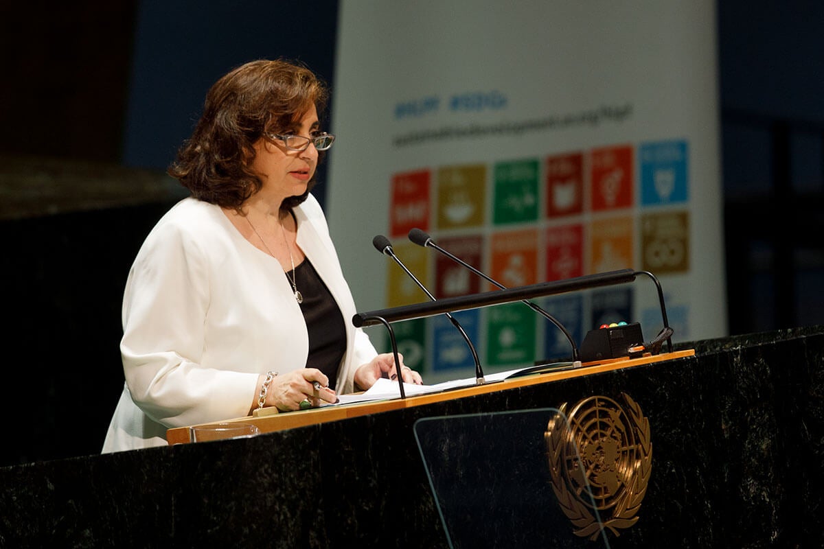 UN Women Executive Director Sima Bahous addresses the opening of the ministerial meeting of the 2022 session of the High-Level Political Forum on Sustainable Development convened under the auspices of the UN Economic and Social Council, held in the General Assembly Hall at UN Headquarters in New York on 13 July 2022. Photo: UN Women/Ryan Brown.