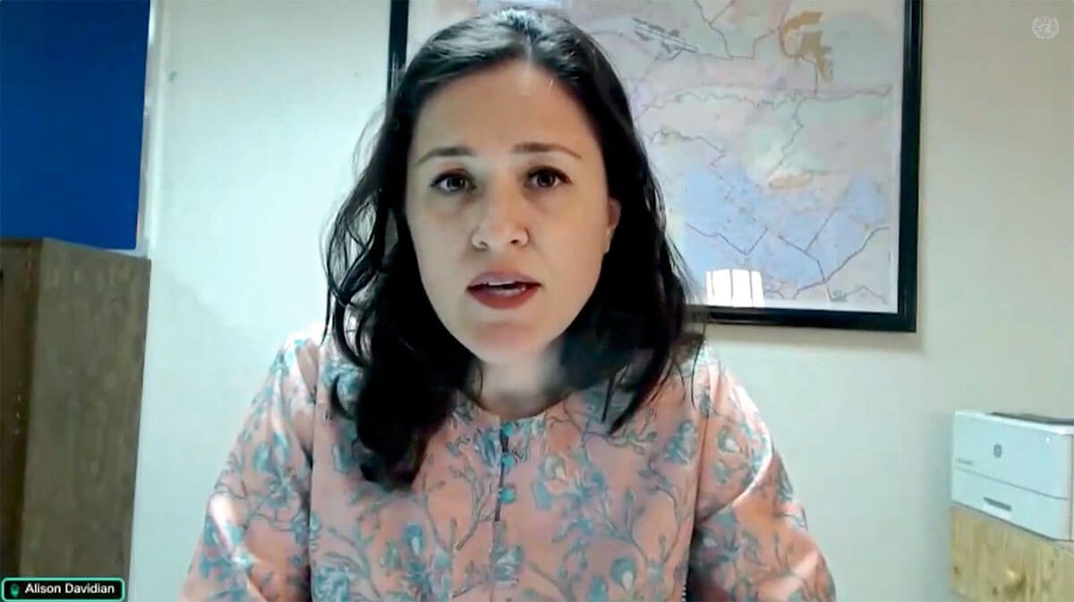 Ms. Alison Davidian, Country Representative a.i. for UN Women in Afghanistan, delivers a statement on the situation of women and girls in Afghanistan during the daily press briefing by the Office of the Spokesperson for the Secretary-General, 25 July 2022. Photo: Still shot from UN Web TV video.