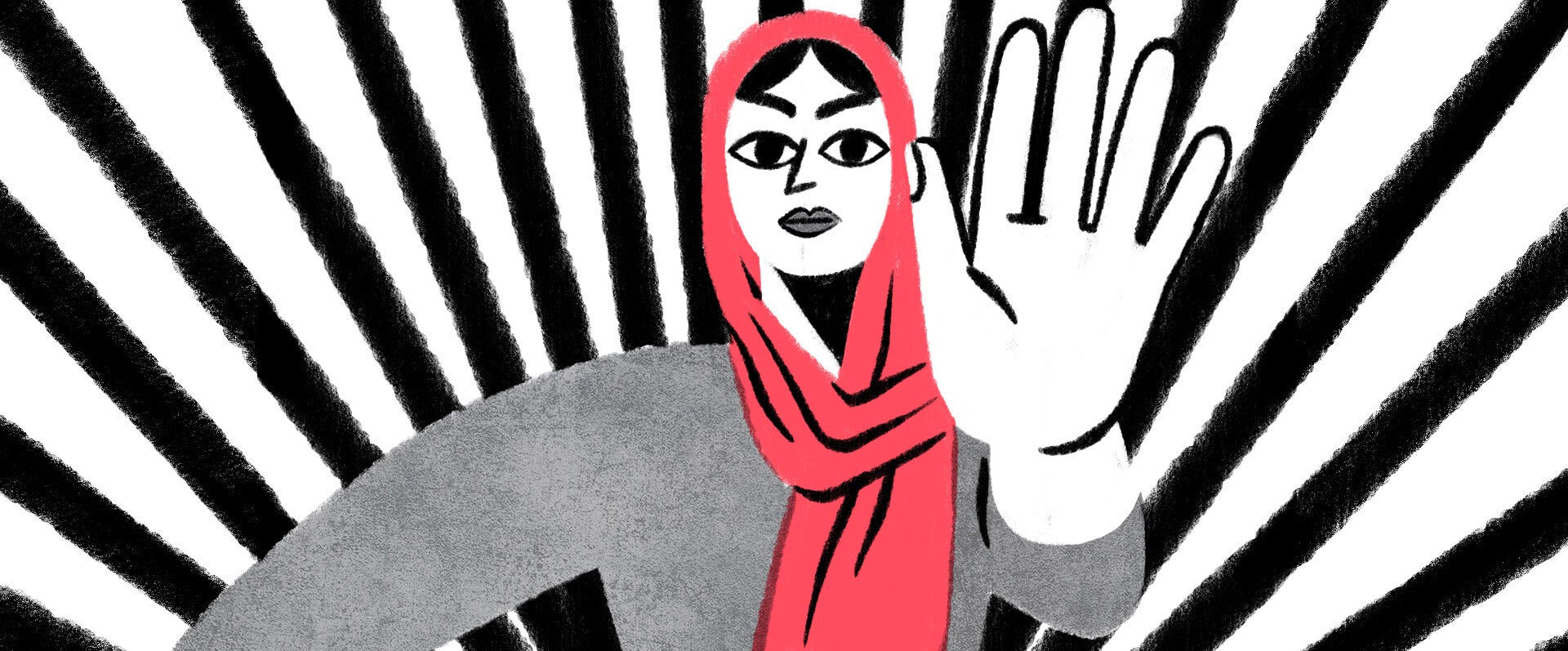 Illustration depicting Afghan woman with her hand up in a "stop" position. Illustrator: Anina Takeff.