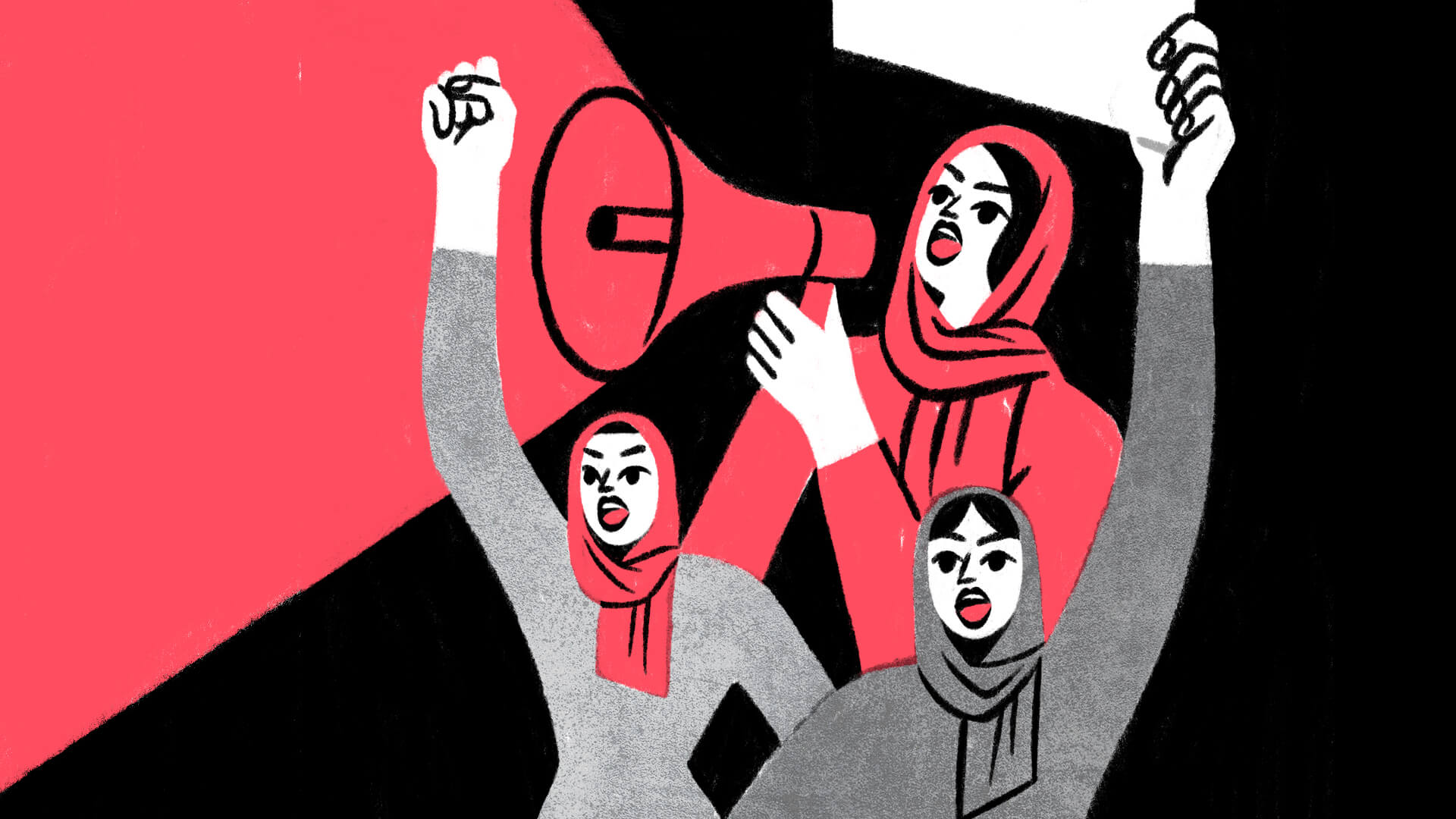Illustration depicting women protesting. Illustrator: Anina Takeff.