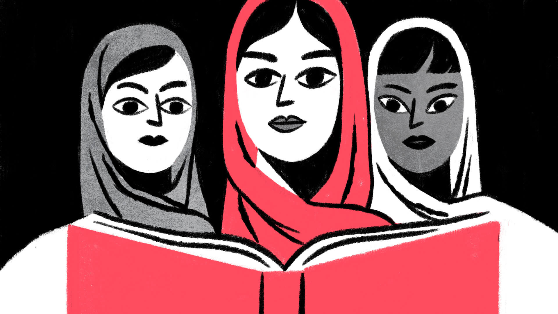 Illustration depicting Afghan women reading. Illustrator: Anina Takeff.