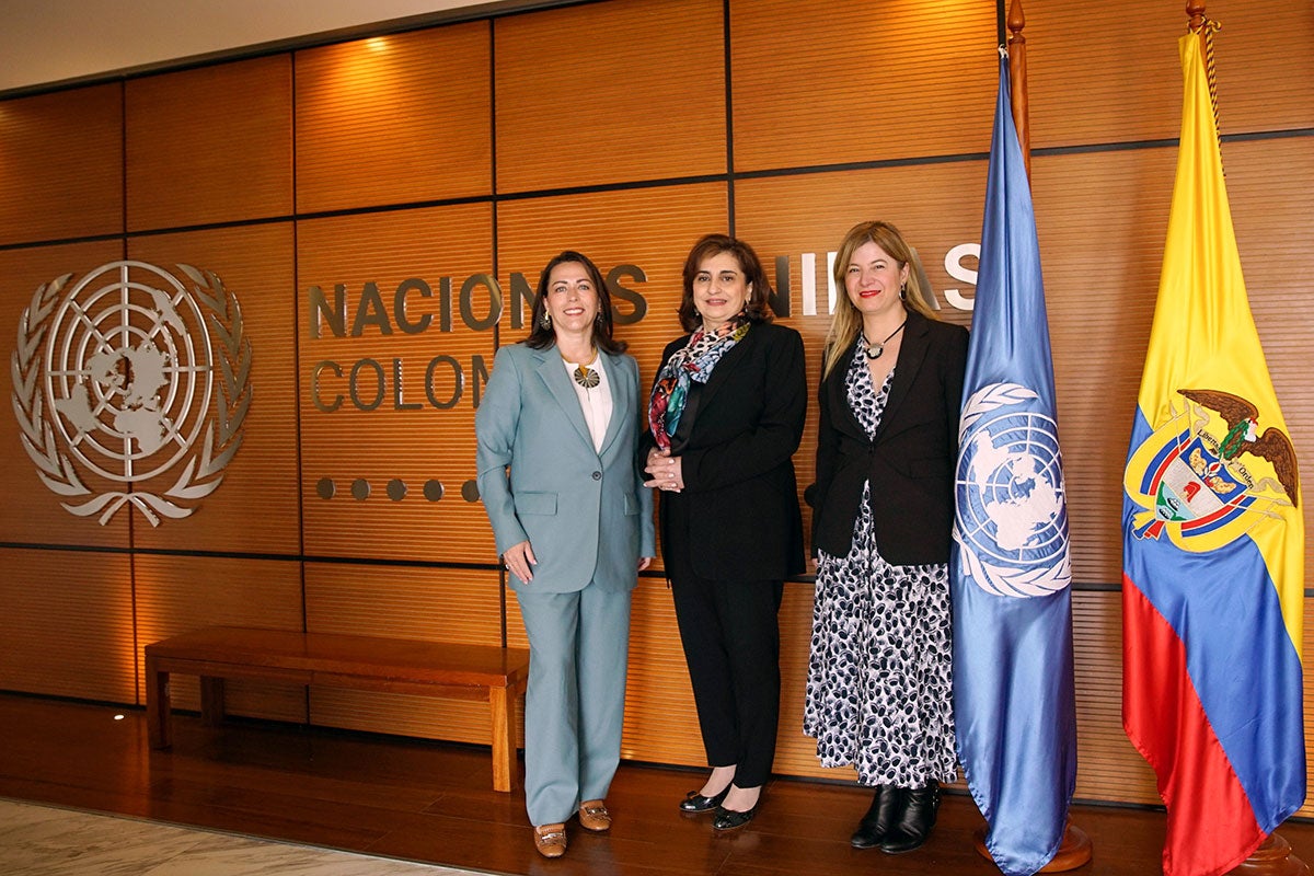 UN Women Executive Director Sima Bahous meets United Nations Resident Coordinator in Colombia Mireia Villar (at left), with UN Women Country Representative Bibiana Aido Almagro (at right) on 8 August 2022. Photo: UN Women/Juan Camilo Arias Salcedo