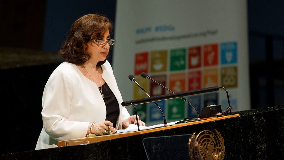 UN Women Executive Director Sima Bahous addresses the opening of the ministerial meeting of the 2022 session of the High-Level Political Forum on Sustainable Development convened under the auspices of the UN Economic and Social Council, held in the General Assembly Hall at UN Headquarters in New York on 13 July 2022. Photo: UN Women/Ryan Brown