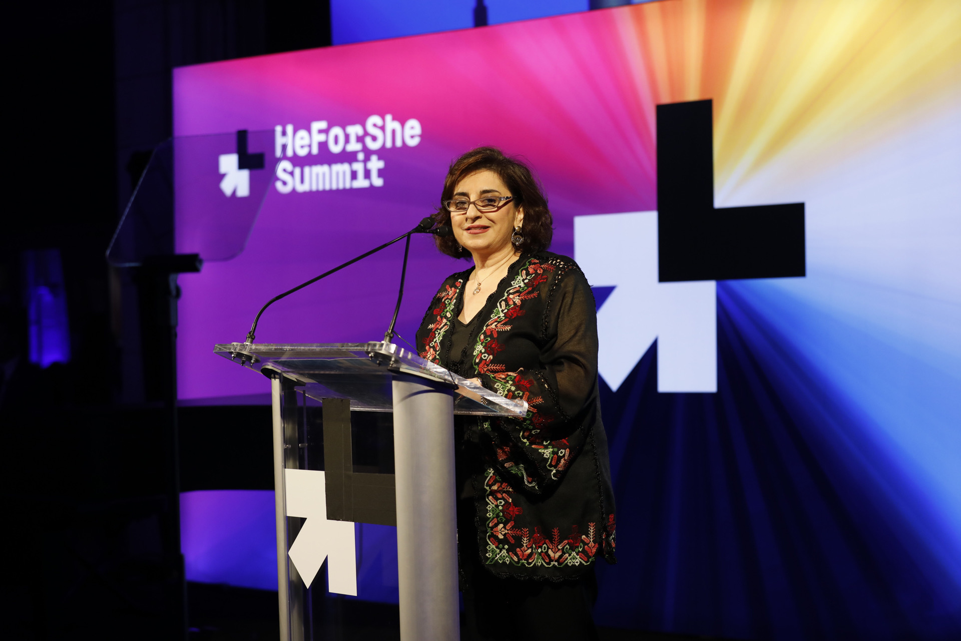 Ms. Sima Bahous, Under-Secretary-General of the United Nations and Executive Director of UN Women, speaks at the HeForShe Summit during the 77th Session of the UN General Assembly. Photo: UN Women/Ryan Brown