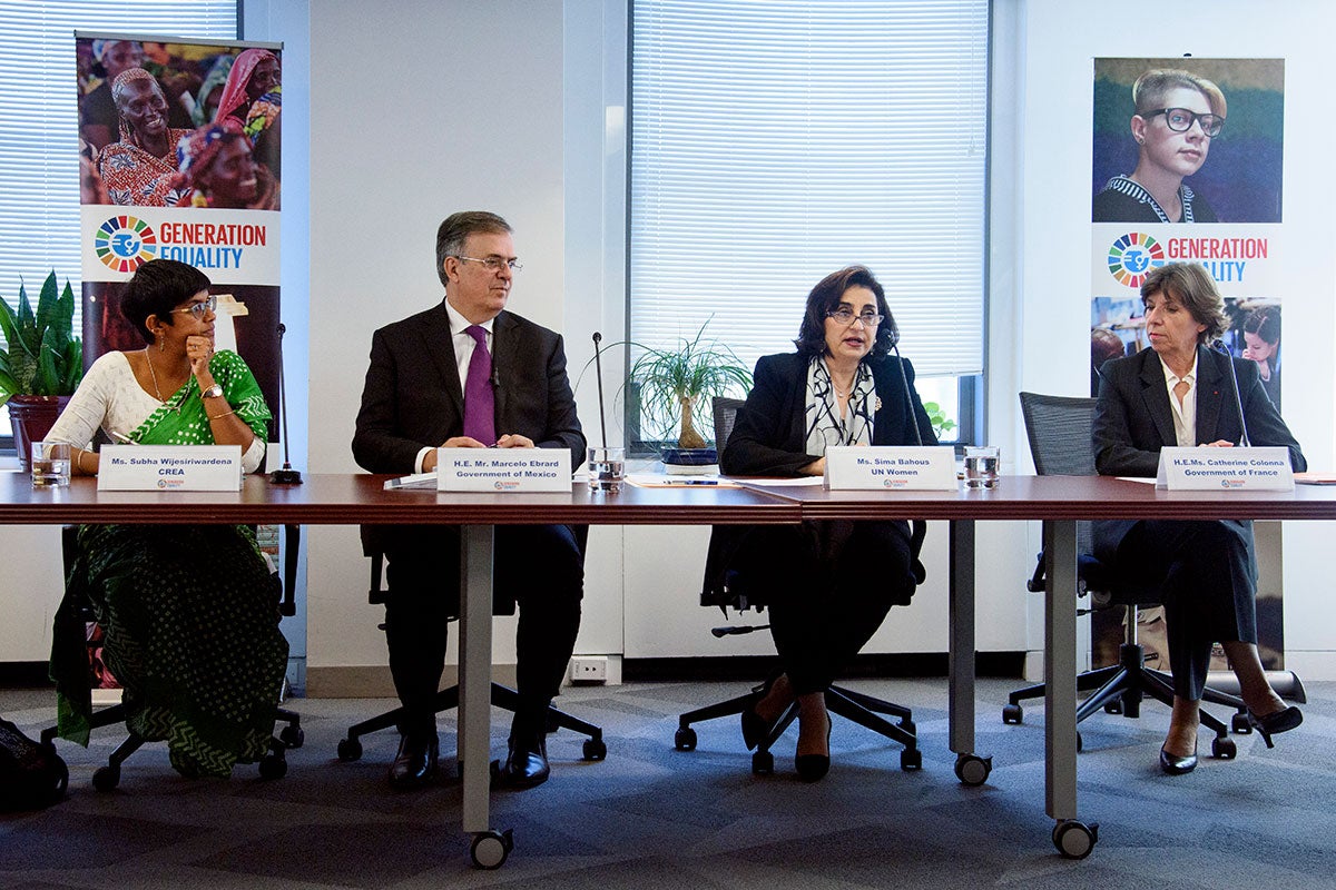 UN Women Executive Director Sima Bahous delivers the keynote speech at the Generation Equality Accountability Moment side event during the 77th Session of the UN General Assembly. Pictured from left to right: Subha Wijesiriwardena, CREA; Marcelo Ebrard, Government of Mexico; Sima Bahous, UN Women Executive Director; Catherine Colonna, Government of France. Photo: UN Women/Catianne Tijerina