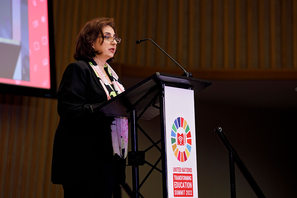 UN Women Executive Director Sima Bahous delivers remarks at the Transforming Education Summit held in New York on 19 September 2022. Photo: UN Women/Ryan Brown