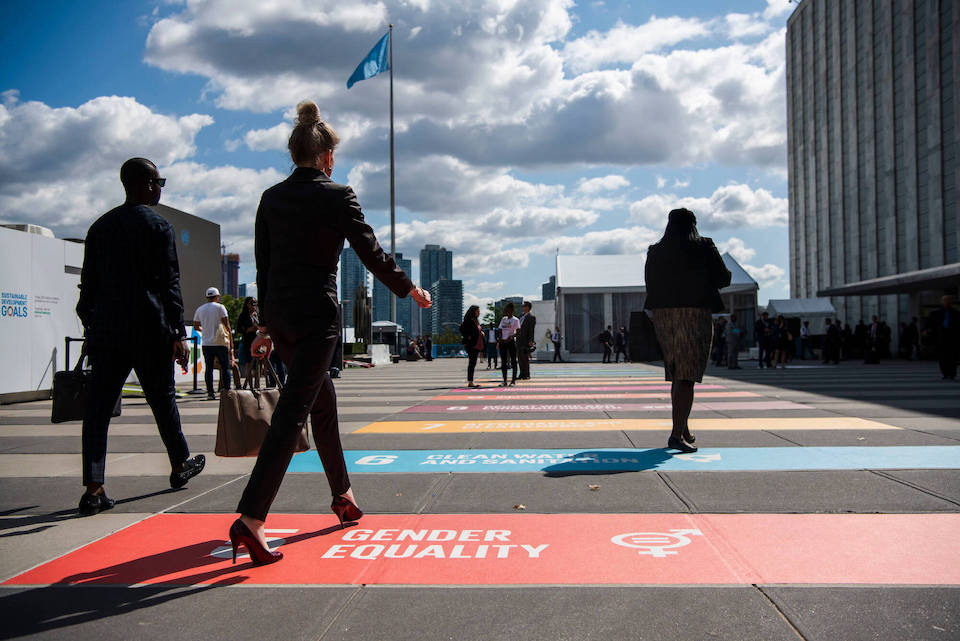 The SDG 5 Gender Equality logo is seen outside UN Headquarters during  the opening of the 74th General Debate at the United Nations headquarters in New York. Photo: UN Women/Amanda Voisard