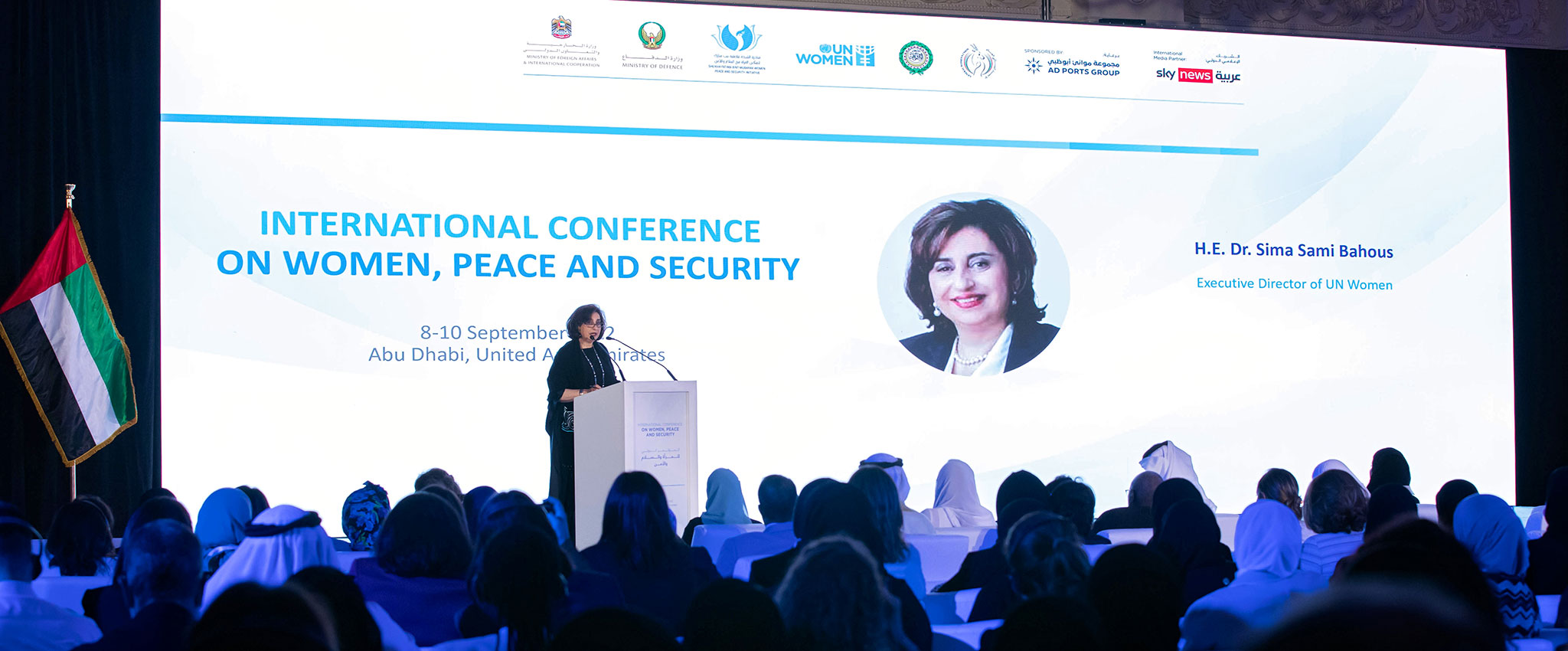 UN Women Executive Director Sima Bahous delivers remarks at the International Conference on Women, Peace and Security in Abu Dhabi on 8 September 2022. Photo: UN Women/Saroj Khadka 