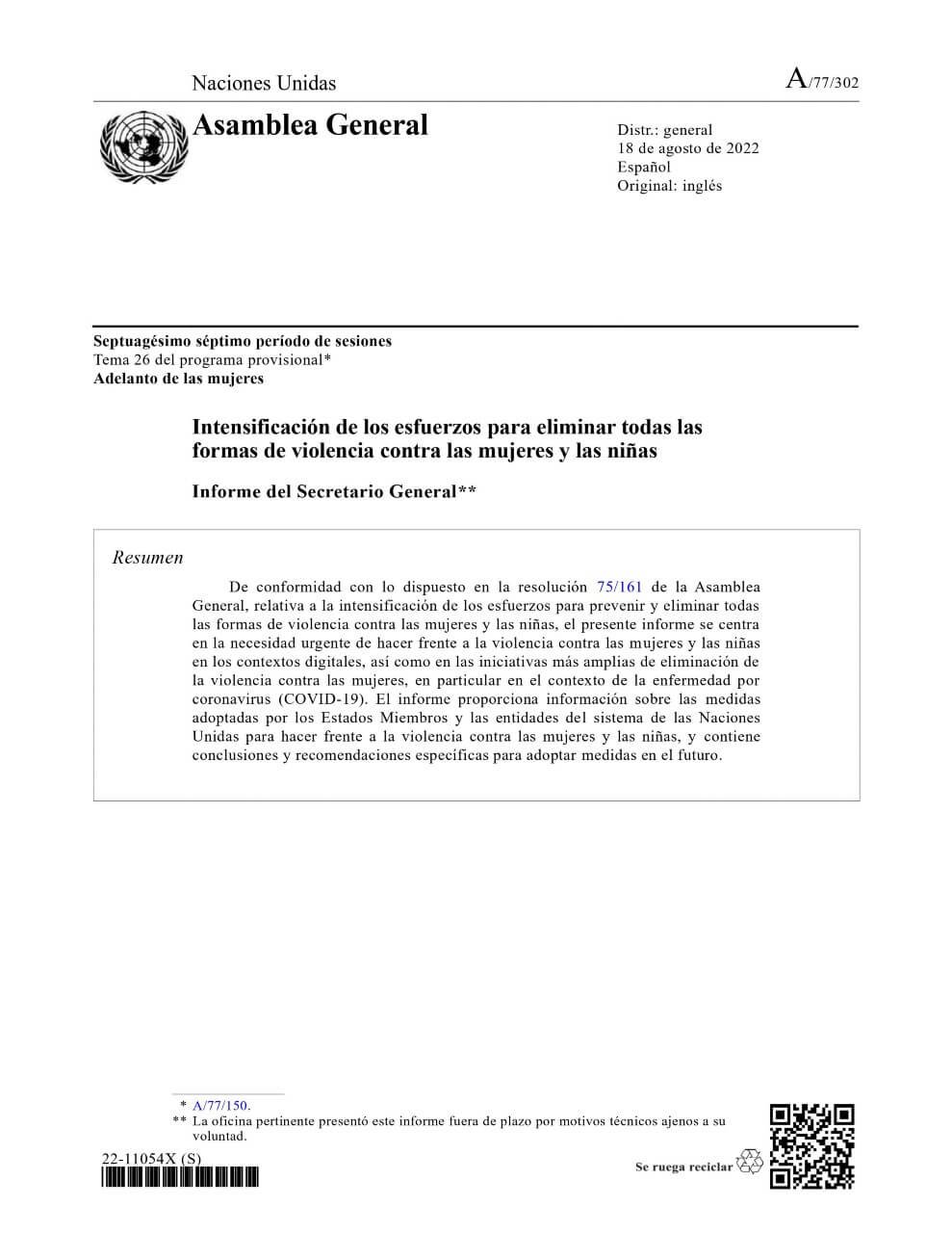 Intensificación de los esfuerzos para eliminar todas las formas de violencia contra las mujeres y las niñas: Informe del Secretario General (2022)