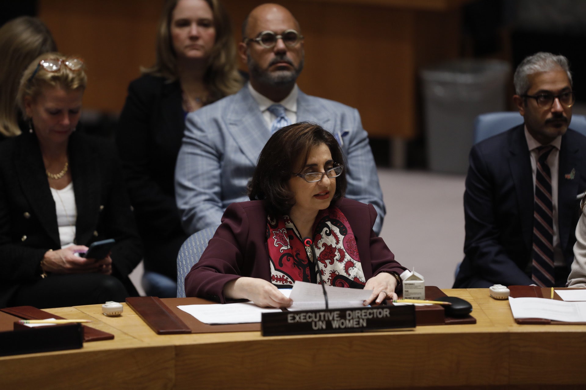 La Directora Ejecutiva de la ONU, Sima Bahous, compartió sus observaciones en el debate abierto sobre las mujeres, la paz y la seguridad del Consejo de Seguridad de las Naciones Unidas el 20 de octubre de 2022. Fotografía: ONU Mujeres/Ryan Brown