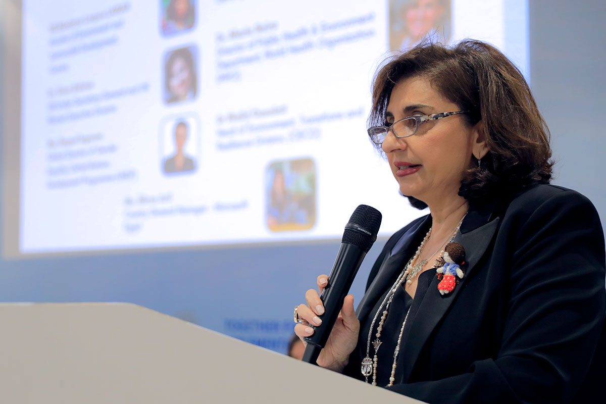 Dr. Sima Bahous delivers her keynote speech during the high-level session entitled “COVID-19 and Climate Change: Women at the Center of Planning and Response” that took place during COP27’s Gender Day, 14 November 2022. Photo: Courtesy of the National Council for Women 