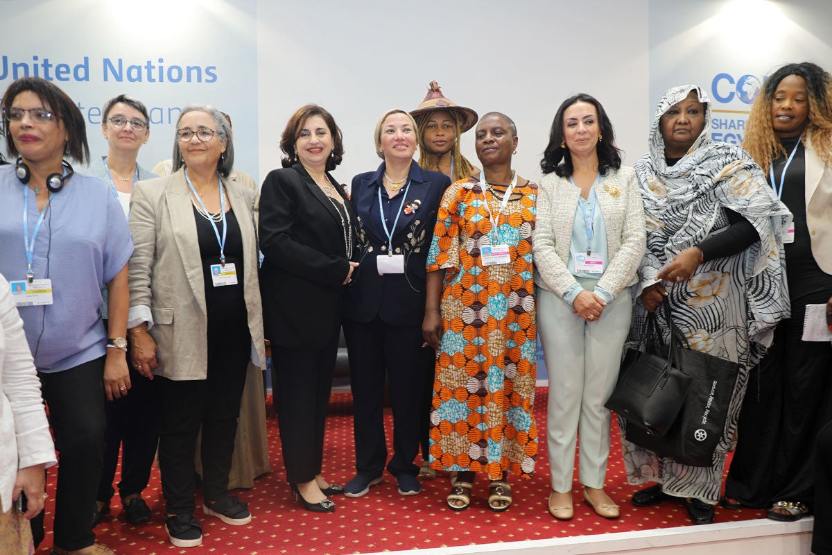 Under-Secretary-General of the United Nations and UN Women Executive Director Dr. Sima Bahous with H.E Dr. Yasmine Fouad, Minister of Environment, Egypt; and Dr. Maya Morsy, President of the National Council for Women, together with representatives from UNDP and WFP as well as African Women leaders during the launch of the AWCAP initiative during COP27’s Gender Day. Photo: National Council for Women