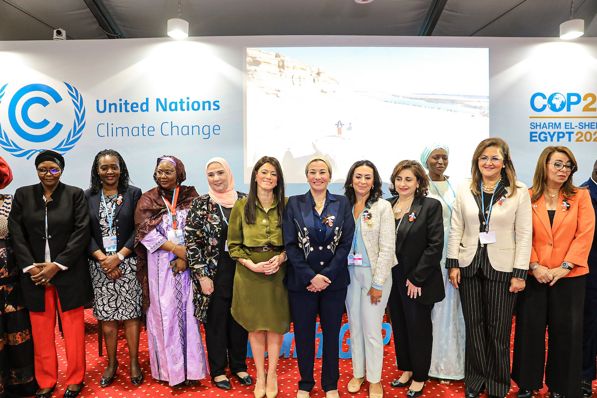 Under-Secretary-General of the United Nations and UN Women Executive Director Dr. Sima Bahous with COP27 Presidency Officials H.E Dr. Yasmine Fouad, Minister of Environment, Egypt; H.E. Dr. Hala El-Said, Minister of Planning and Economic Development, Egypt; H.E.Dr. Maya Morsy, President of the Egyptian National Council for Women; H.E Dr. Rania El-Mashat, Minister of International Cooperation, Egypt; H.E. Dr. Nivine El-Qabbage, Minister of Social Solidarity, Egypt; African women Ministers and leaders; and Dr