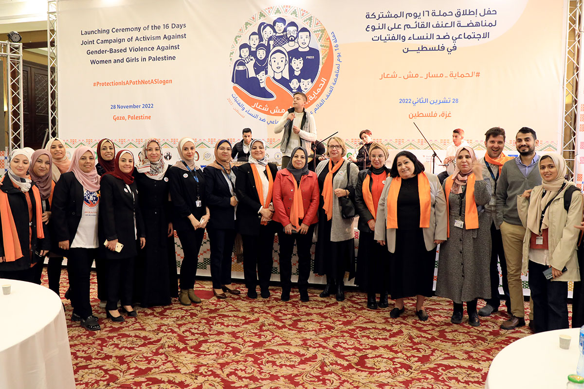 Participants gather for the opening ceremony of the 16 Days of Activism national joint campaign in Gaza, Palestine on 28 November 2022. Photo: Women’s Affairs Centre – Gaza