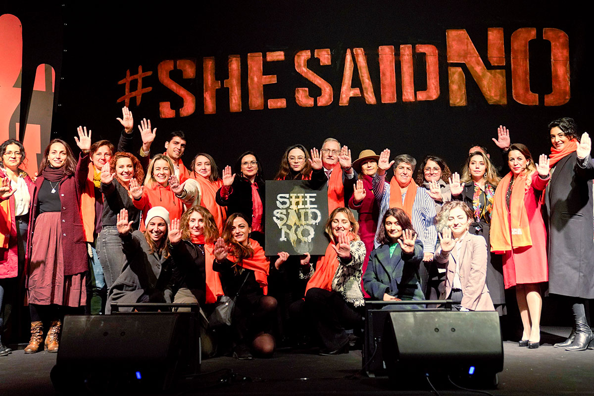 The UN Women Türkiye team (with Goodwill Ambassador and famous actor Demet Evgar, centre) and speakers on-stage at the #SheSaidNo campaign launch event. Photo: UN Women/Atılgan Özdil