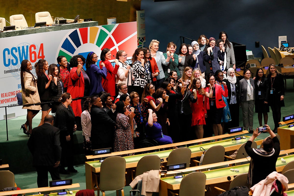 Delegates at the 64th Session of CSW gather in the General Assembly Hall at UN Headquarters in New York, March 2020. Member States adopted a Political Declaration commemorating the 25th anniversary of the Fourth World Conference on Women—just before the session's suspension due to the onset COVID-19. Photo: UN Women/Ryan Brown