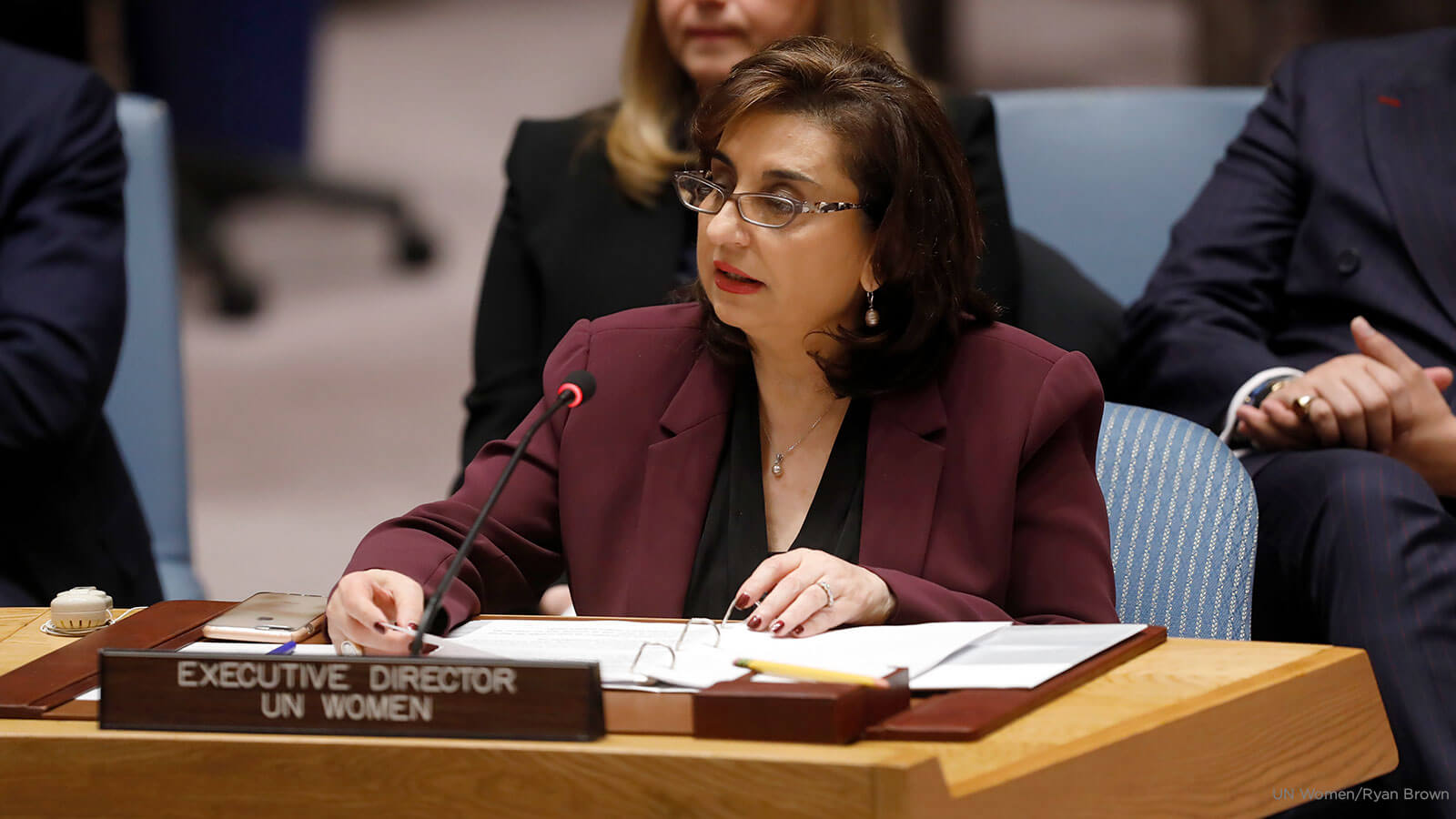 Ms. Sima Bahous, UN Under-Secretary-General and UN Women Executive Director, addresses the UN Security Council meeting on the situation in Somalia, 22 February 2023. Photo: UN Women/Ryan Brown.