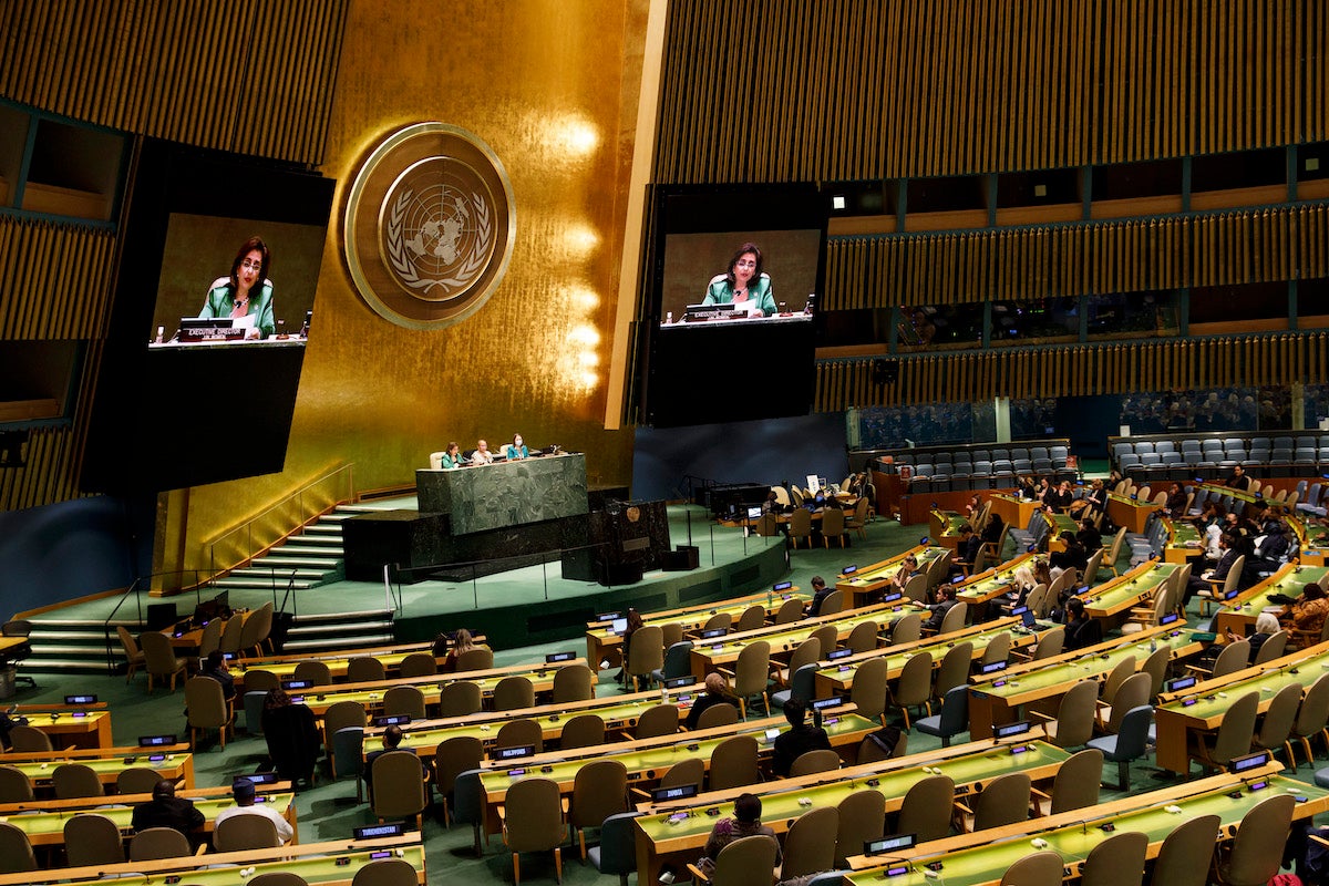 UN Women Executive Director Sima Bahous addresses the closing of the 66th session of the Commission on the Status of Women on 25 March 2022 in the General Assembly Hall of United Nations Headquarters in New York. Photo: UN Women/Ryan Brown