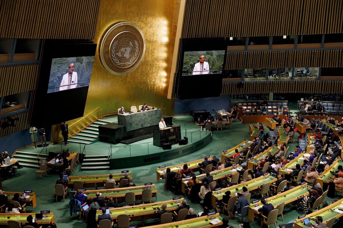 Scene from the opening of the 66th session of the Commission on the Status of Women, Monday, 14 March 2022 at UN Headquarters in New York. Photo: UN Women/Ryan Brown