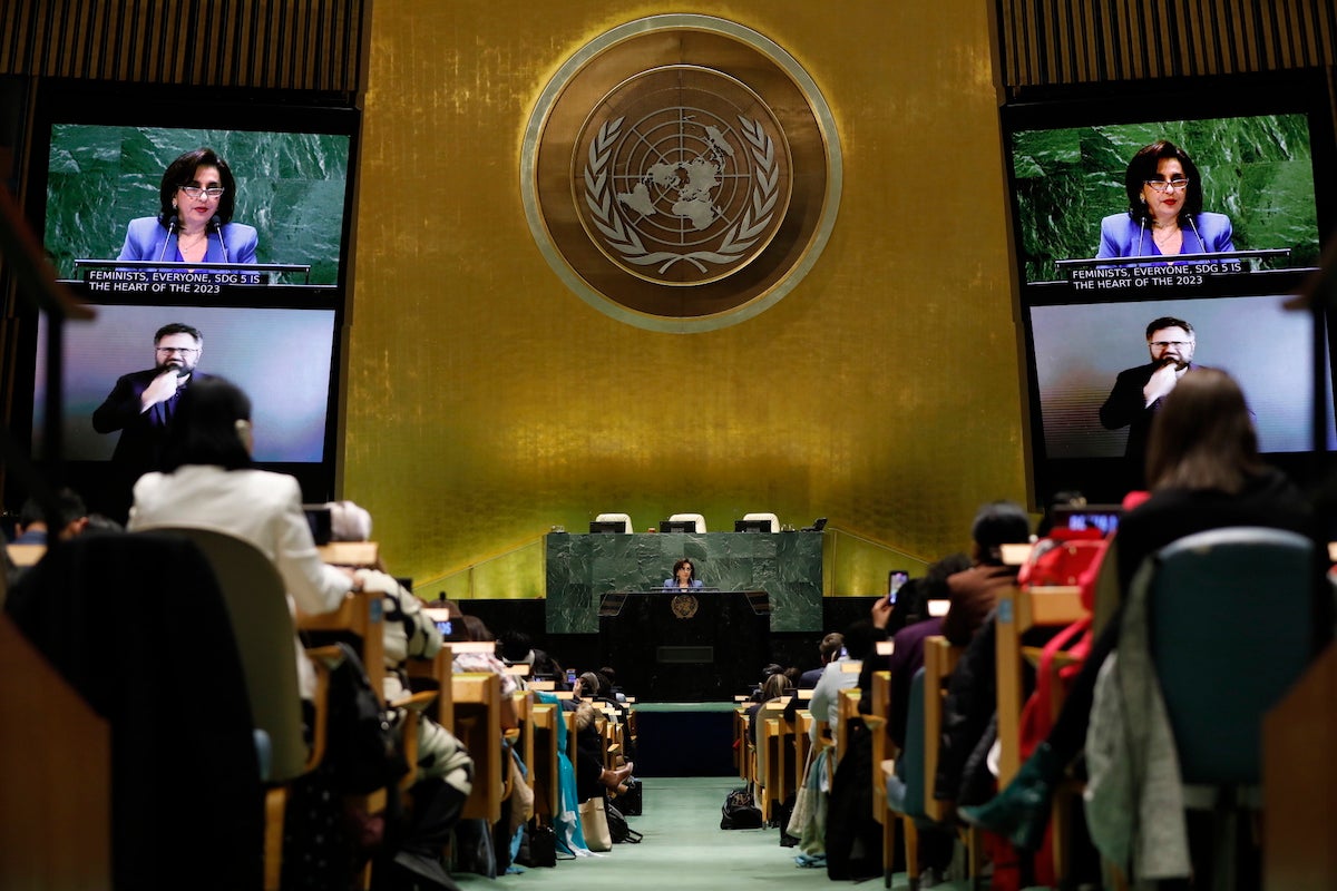 Ms. Sima Bahous, UN Under-Secretary-General and Executive Director of UN Women, delivers remarks at the UN Commemoration of International Women’s Day, 8 March 2023. Photo: UN Women/Ryan Brown