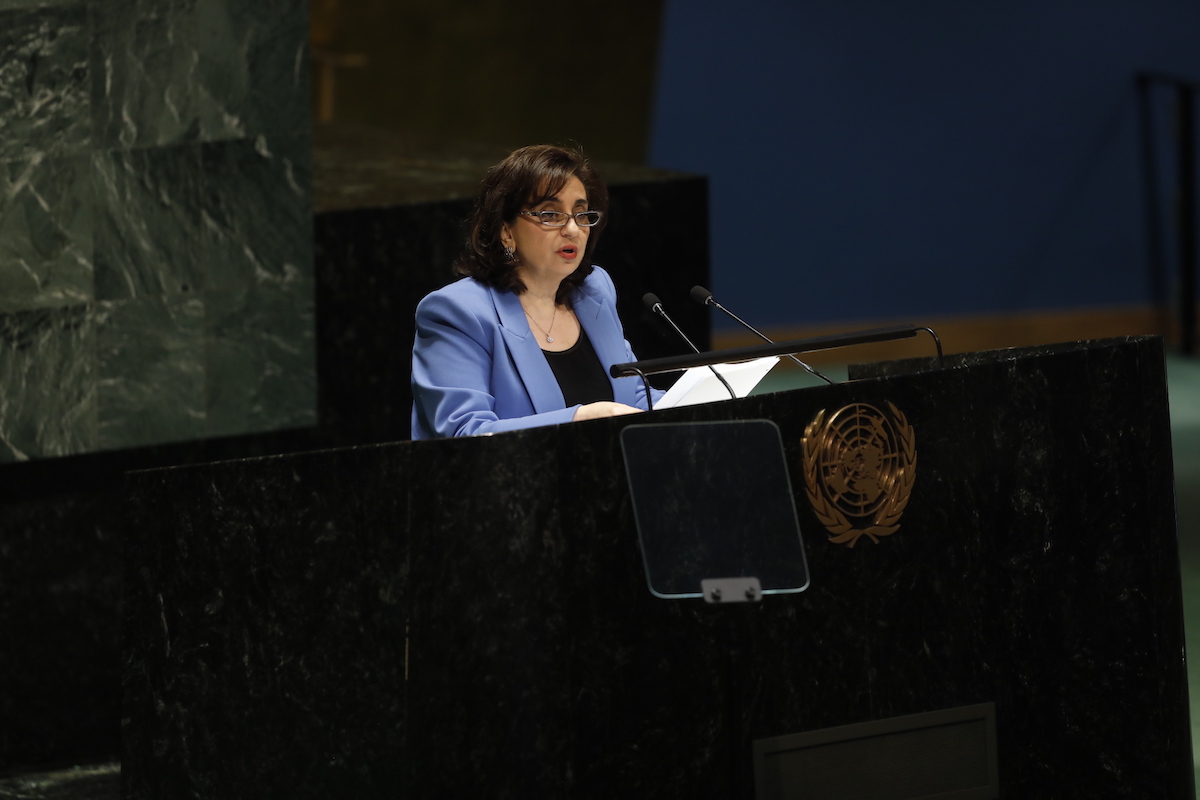 Ms. Sima Bahous, UN Under-Secretary-General and Executive Director of UN Women, delivers her opening statement to the 67th Session of the Commission on the Status of Women in the General Assembly Hall at United Nations Headquarters in New York, 6 March 2023. Photo: UN Women/Ryan Brown 