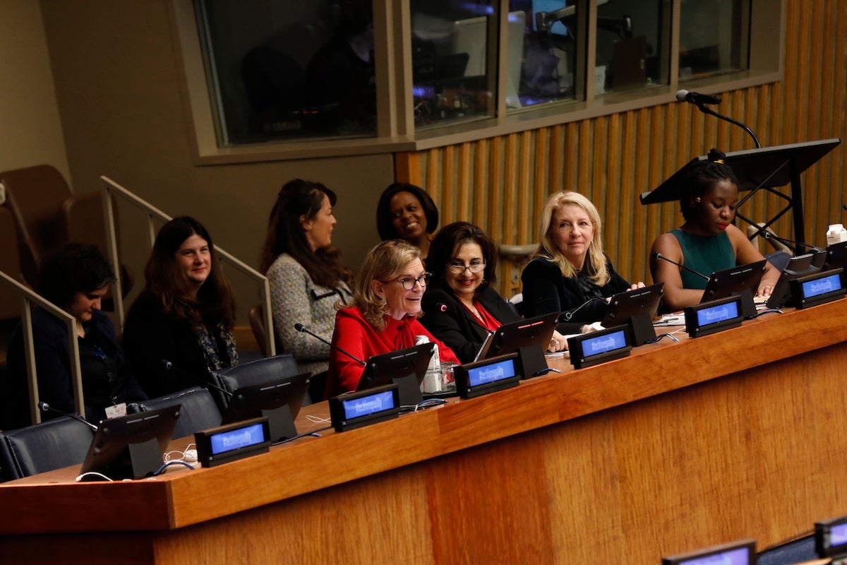 Ms. Doreen Bogdan-Martin, Secretary-General of the International Telecommunication Union; Ms. Sima Bahous, Executive Director of UN Women; Ms. Catherine Russell, Executive Director of UNICEF; Action Coalition Youth Leader Esther Mwema from Digital Grassroots. Photo: UN Women/Ryan Brown