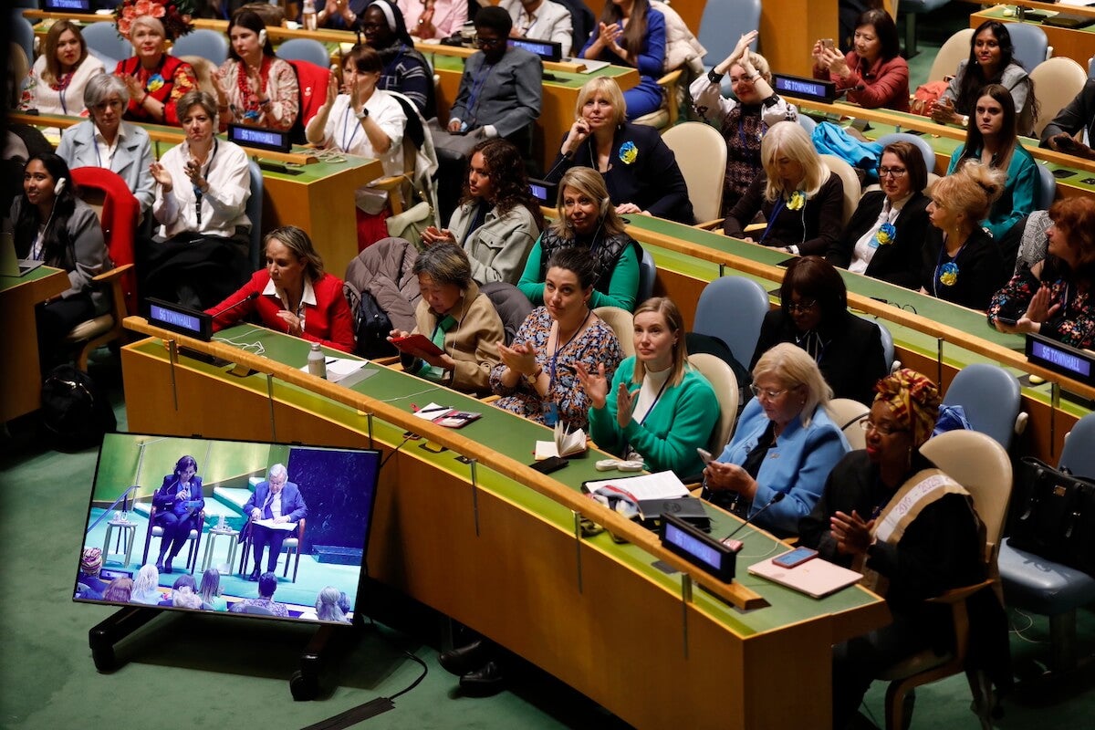 A scene from the CSW67 Townhall Meeting of Civil Society and United Nations Secretary-General António Guterres. The annual consultation, moderated by UN Women’s Executive Director Sima Bahous, is an opportunity for civil society to engage with the Secretary-General on topics pertaining to gender equality and the work of the UN. Photo: UN Women/Ryan Brown