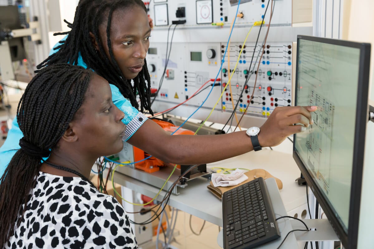 Students in the renewable energy lab at the University of Rwanda. Digital inclusion and literacy skills are critical factors for women’s and girls’ well-being and success. Photo: World Bank/Kelley Lynch