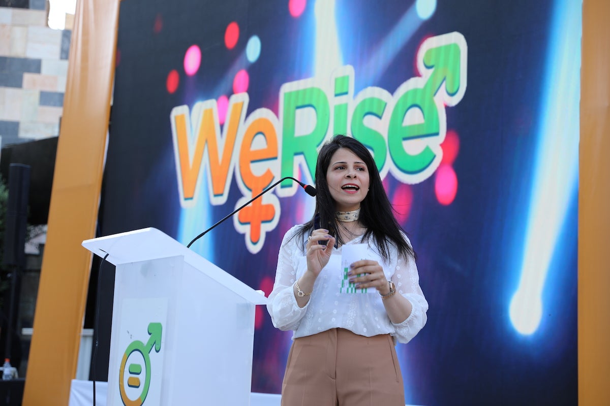 Dana F. Kakeesh, an assistant professor at Jordan University, speaks at the WeRise launch event on 6 July 2022. Photo: Yazen Abbas/UN Women