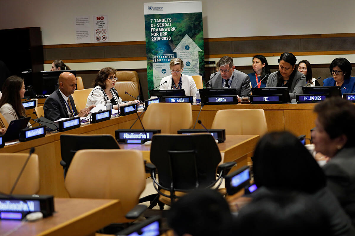 UN Women Executive Director Sima Bahous delivers remarks at the event, “Accelerating action for gender responsive disaster risk reduction”, held in Conference Room 6 at UN Headquarters on 17 May 2023. Organized by UNDRR, UNFPA, and UN Women, this event forms part of the Risk Reduction Hub events convened on the margins of the High-Level Meeting on the Midterm Review of the Sendai Framework. Photo: UN Women/Ryan Brown.