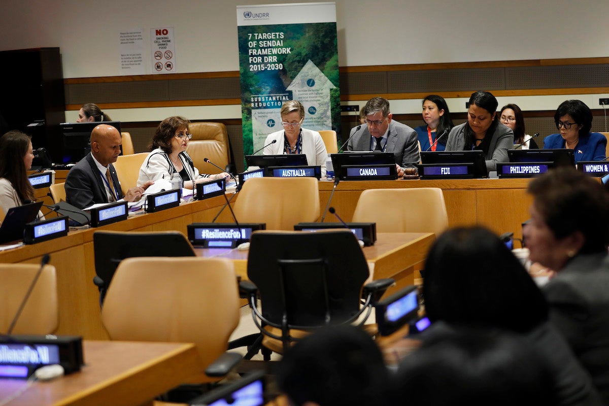 UN Women Executive Director Sima Bahous delivers remarks at a UN Women-cohosted side event on accelerating action for gender responsive disaster risk reduction, held during the High-Level Meeting of the Midterm Review of the Sendai Framework on Disaster Risk Reduction. Photo: UN Women/Ryan Brown