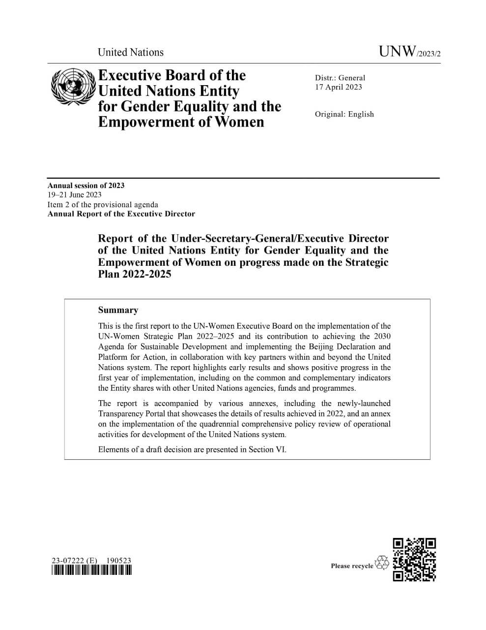 Report of the Under-Secretary-General/Executive Director of the United Nations Entity for Gender Equality and the Empowerment of Women on progress made on the Strategic Plan 2022–2025