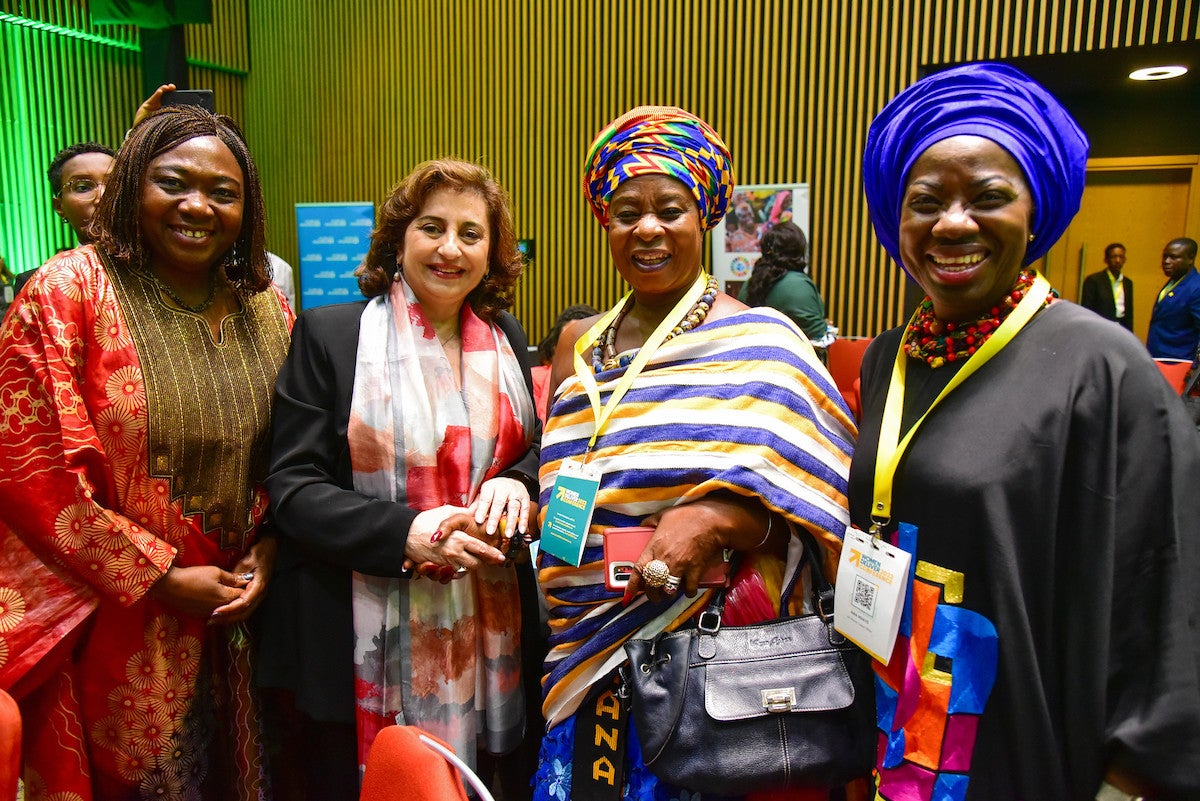 UN Women Executive Director Bahous with UN Women Representative for Rwanda Ms. Jennet Kem; Queen Nana Adwoua Windor, CEO of the Obwaapa Development Foundation; and Ms. Awa Ndiaye Seck, Special Representative of UN Women to the African Union and UNECA at the Generation Equality Impact Fest. Photo: UN Women/James Ochweri