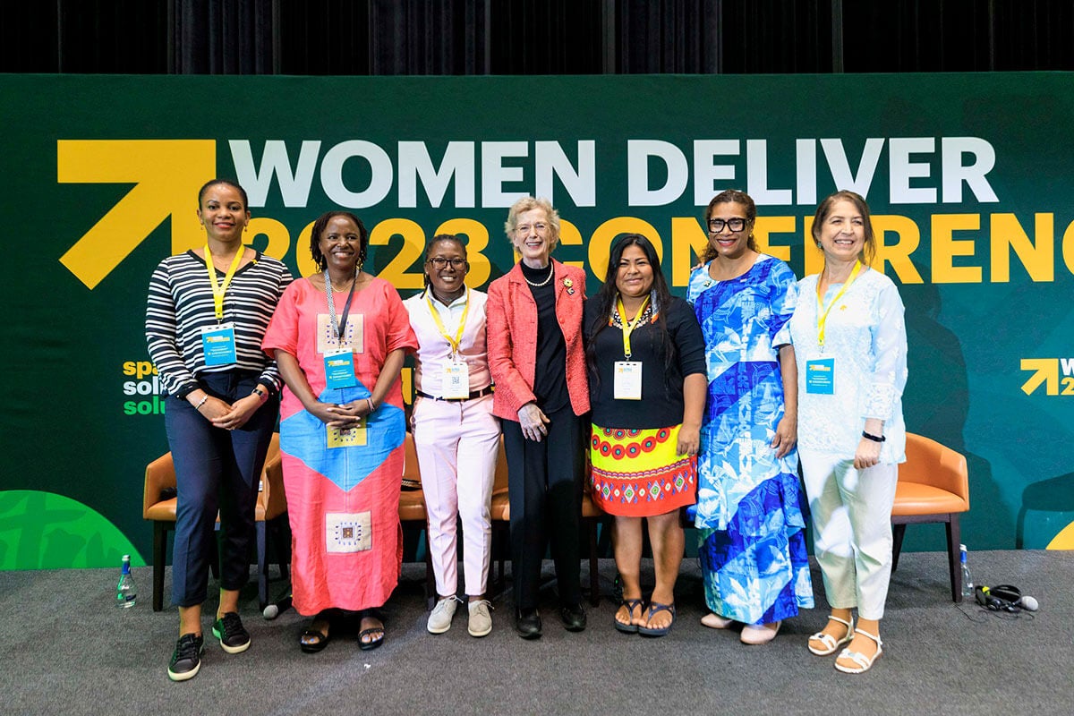 Panellists at the “Advancing feminist climate justice through the rule of law” discussion: Mary Robinson, Chair of The Elders and Former President of Ireland; Lynda Tabuya, Minister for Women, Children, Fiji; Esther Mwaura Muiru, Landesa; Sara Omi, General Embera Congress of Alto Bayano, Panama; Joanita Babirye, Girls for Climate Action, Uganda; Carla Manjate Rombe, International Union for Conservation of Nature. Photo: UN Women/Emmanuel Rurangwa.