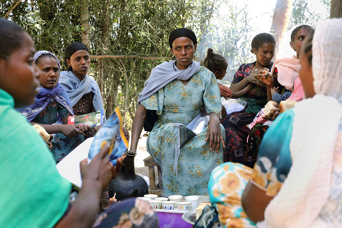 Women gather for coffee in Guba Lafto in the Amhara region of Ethiopia. These “coffee corner” events gathered conflict-affected women and referred women and girls in need to service providers who could offer psychosocial, legal, and medical support. Photo: UN Women.