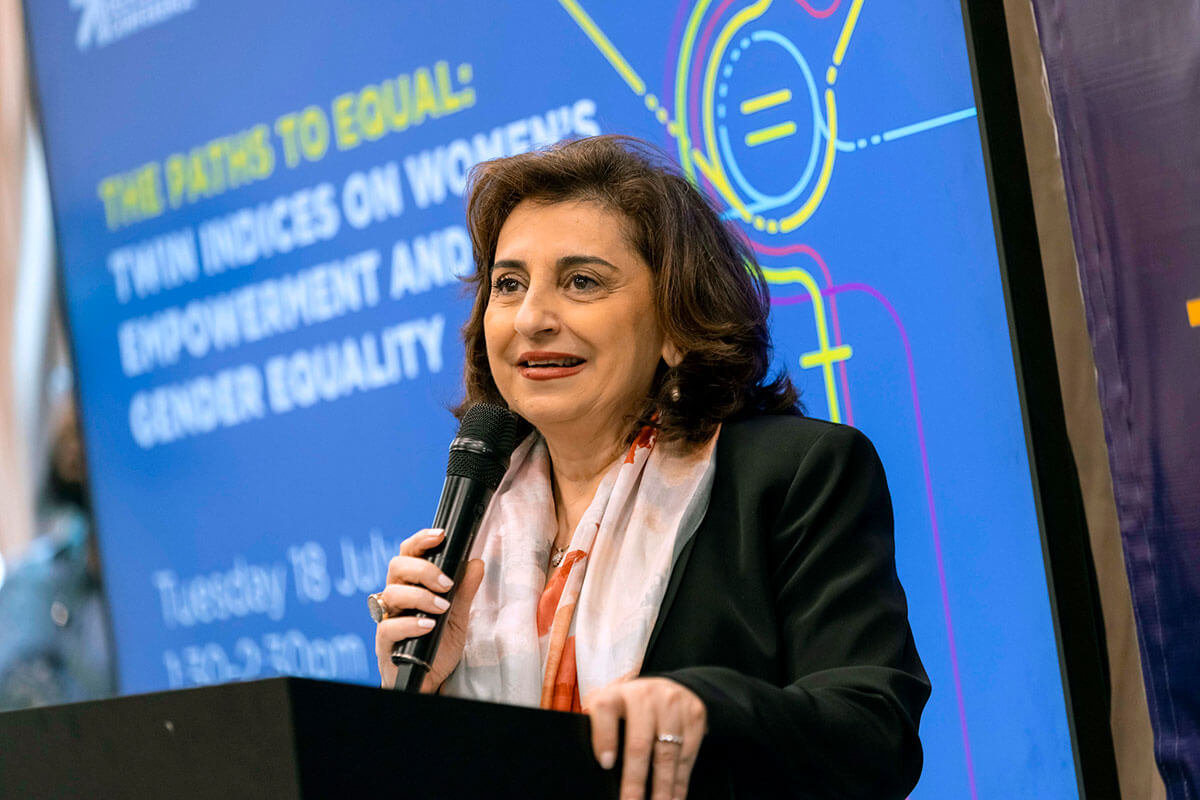 UN Women Executive Director Sima Bahous delivers remarks at the launch of the “The paths to equal: Twin indices on women’s empowerment and gender equality” report. Photo: UN Women/Emmanuel Rurangwa.